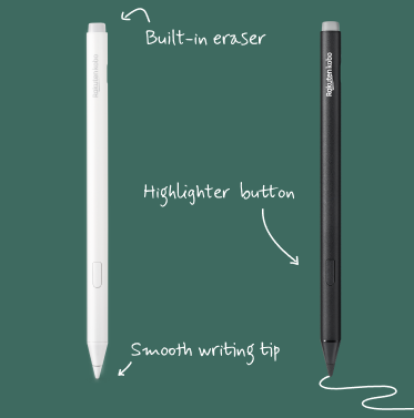 An image of both the black and new white versions of Kobo Stylus 2, showing the built-in eraser, highlighter button and smooth writing tip.