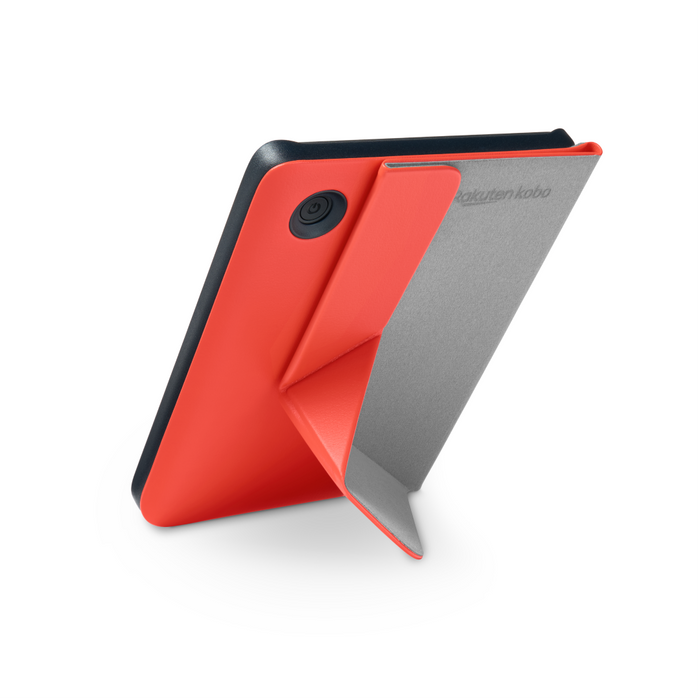 Black Kobo Clara Colour in a Cayenne Red Kobo Clara Colour/BW SleepCover origami fold back view.