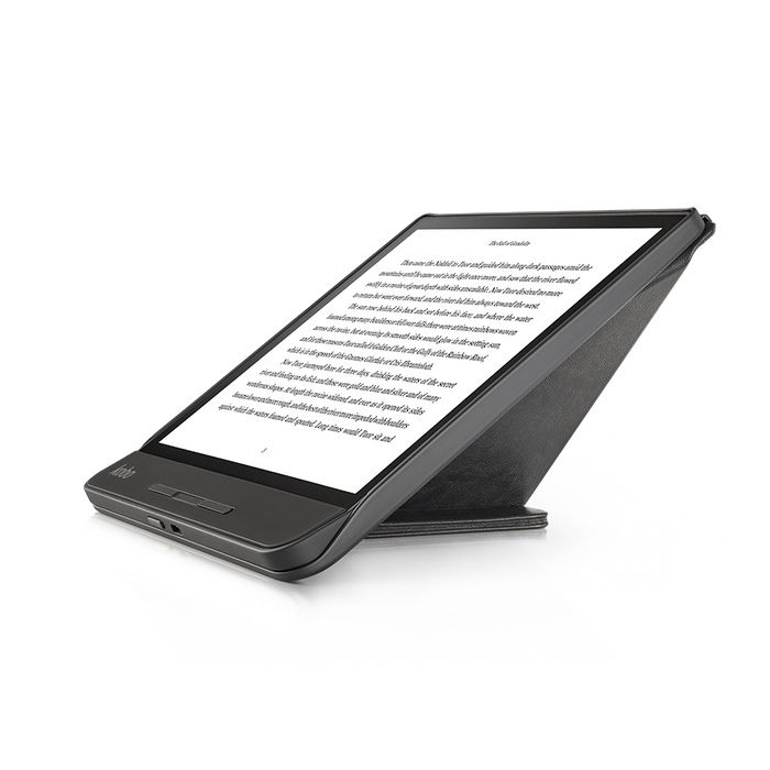 Kobo Forma with black SleepCover folded into stand