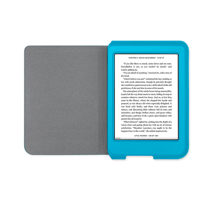 Kobo Nia in an opened Aqua Kobo Nia SleepCover.
