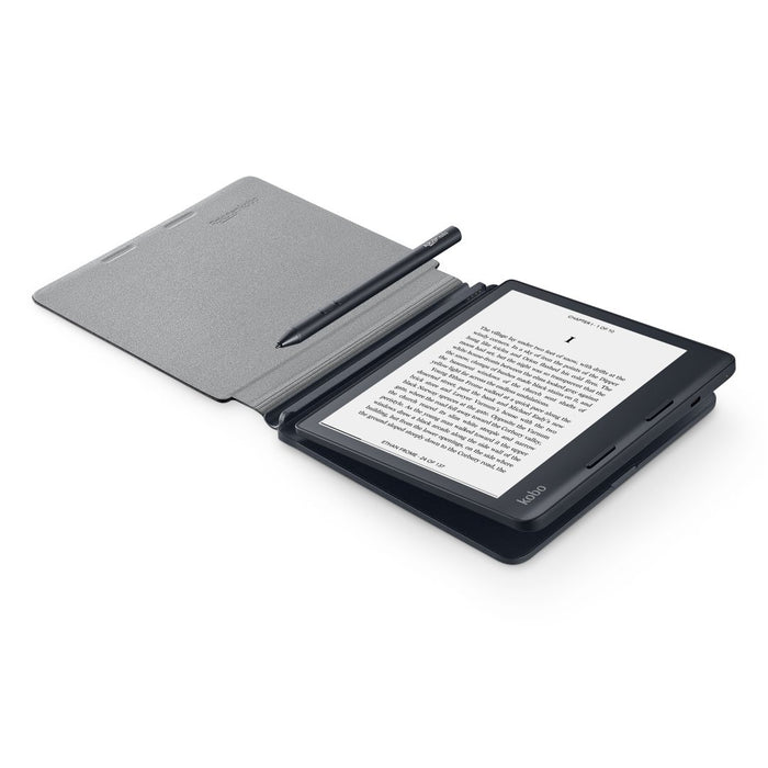 Kobo Sage and black Kobo Stylus 2 in an opened Kobo Sage PowerCover angled view.