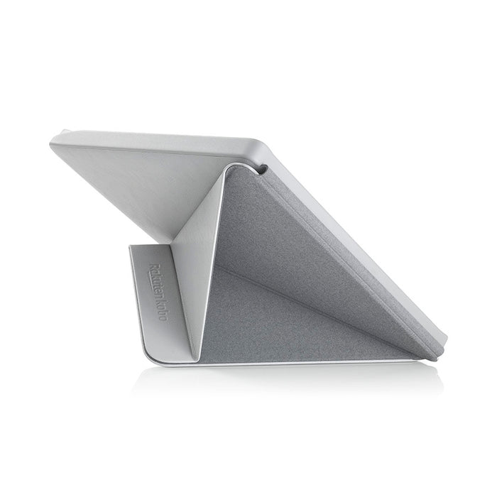 White Kobo Libra H2O with white SleepCover, folded into stand