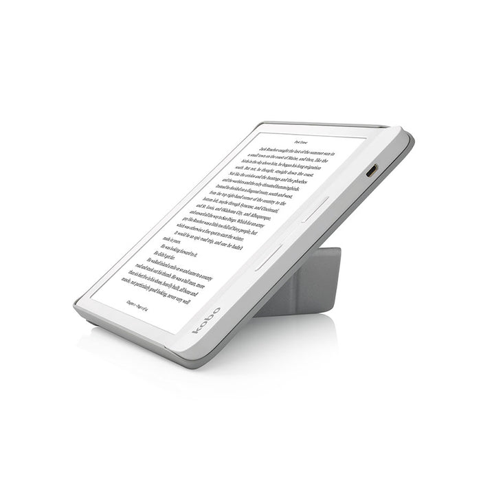 White Kobo Libra H2O with white SleepCover, folded into a stand