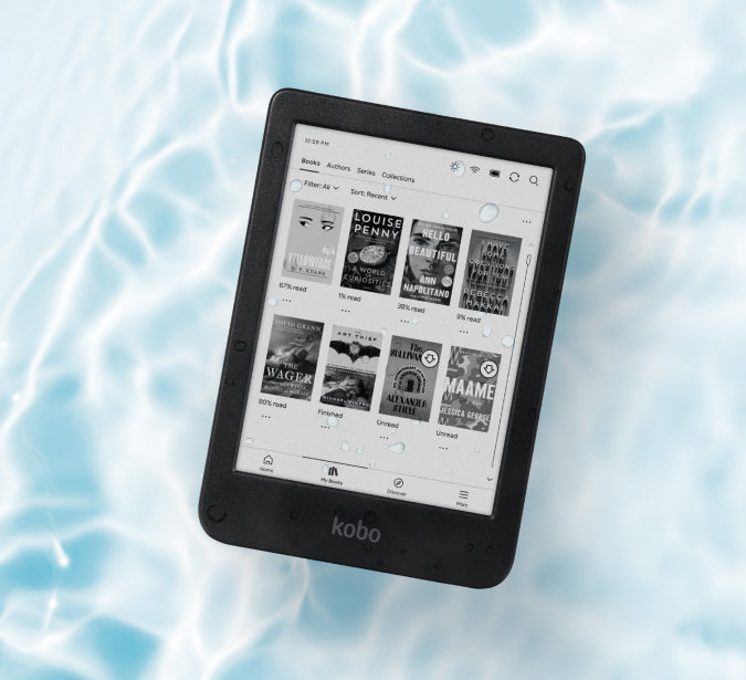 A Kobo Clara BW eReader floating in a pool filled with water.