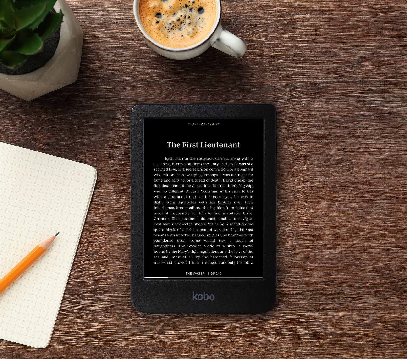 A Kobo Clara BW eReader set on a table, showing Dark Mode on the left side of the screen, and the standard reading experience on the right.