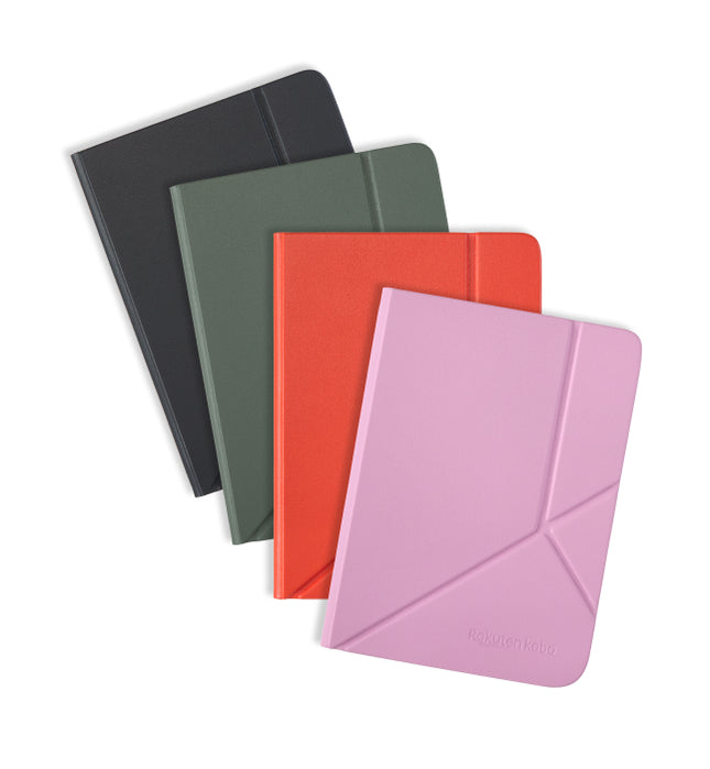 Four Kobo Clara Colour/BW SleepCovers displayed, shown in Black, Misty Green, Cayenne Red, and Candy Pink.